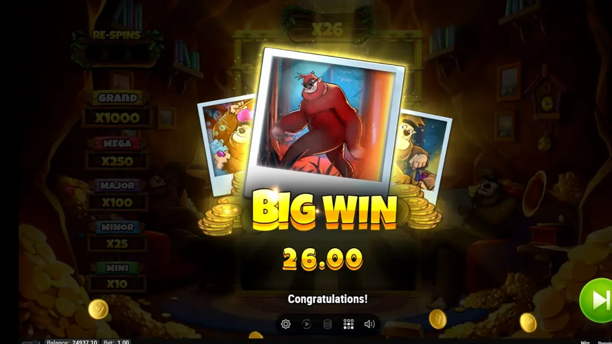 Tangkapan layar gameplay slot Stompin’ Gold GO Collect dengan simbol yeti dan harta karun.