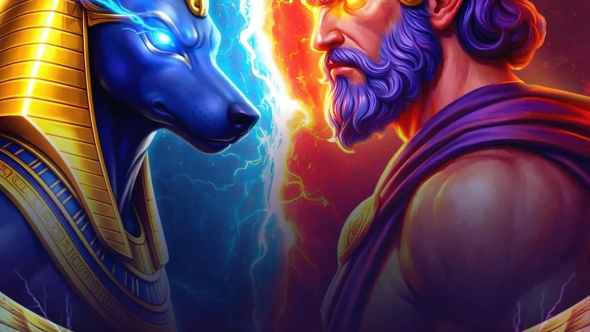 Tampilan visual slot Clash of Gods Anubis vs Hades dengan elemen dewa Mesir dan Yunani