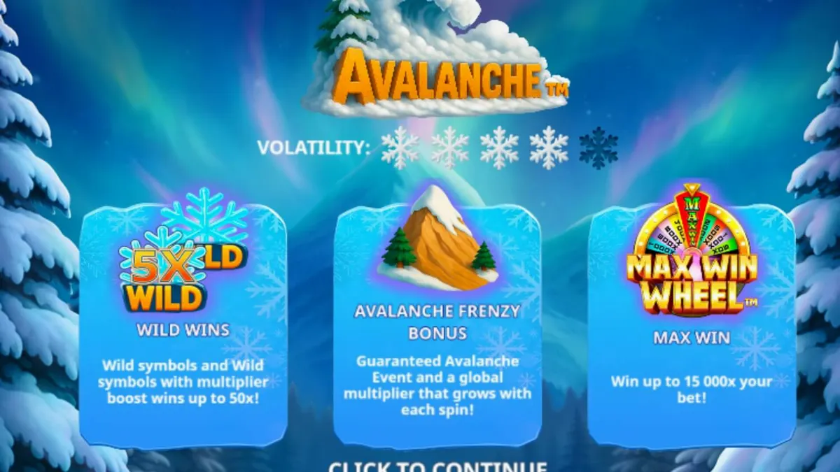 Pemandangan visual slot Avalanche dengan tema pegunungan bersalju dan karakter Yeti yang lucu